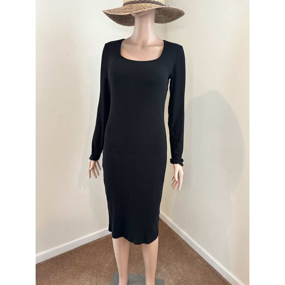 Black Long Sleeve Midi Dress - Classic Scoop Neck